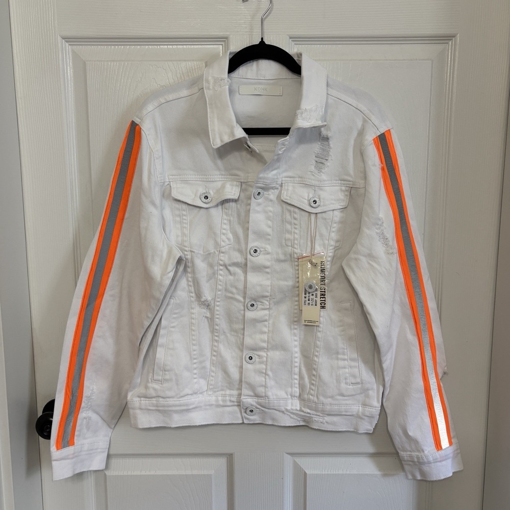 KDNK White Denim Jean Jacket Medium  Orange Reflective Stripes Distressed NWT